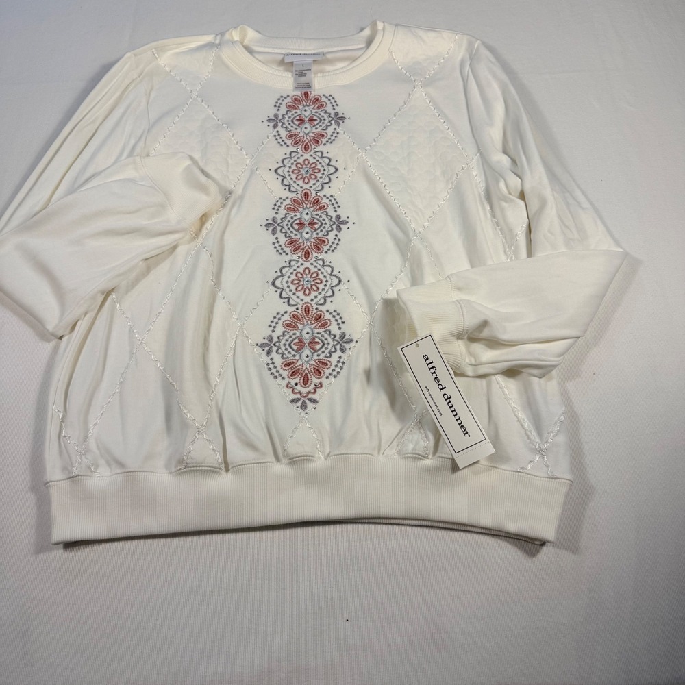 Alfred Dunner‎ Women's L Cream Embroidered Sweatshirt Long Sleeve Cozy Grandma